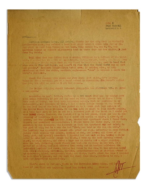 Hunter S. Thompson Letter Signed From 1959 -- ''...a huge man in shorts and a cigar standing over the bed, jabbering about...bastards sleeping in his bed...''